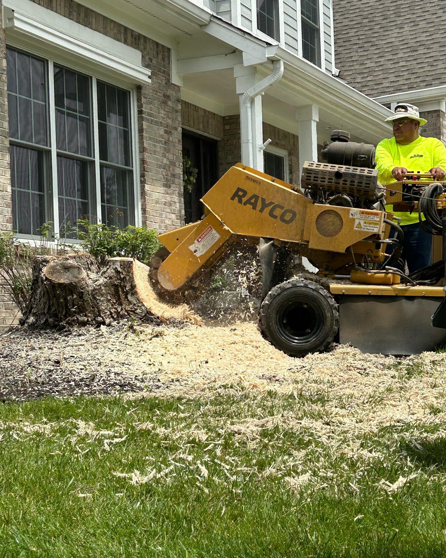 Crew performing stump grinding at a residential home